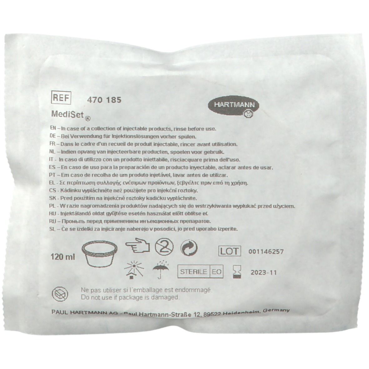 Emballage avec texte et logo. Contient des informations multilingues.