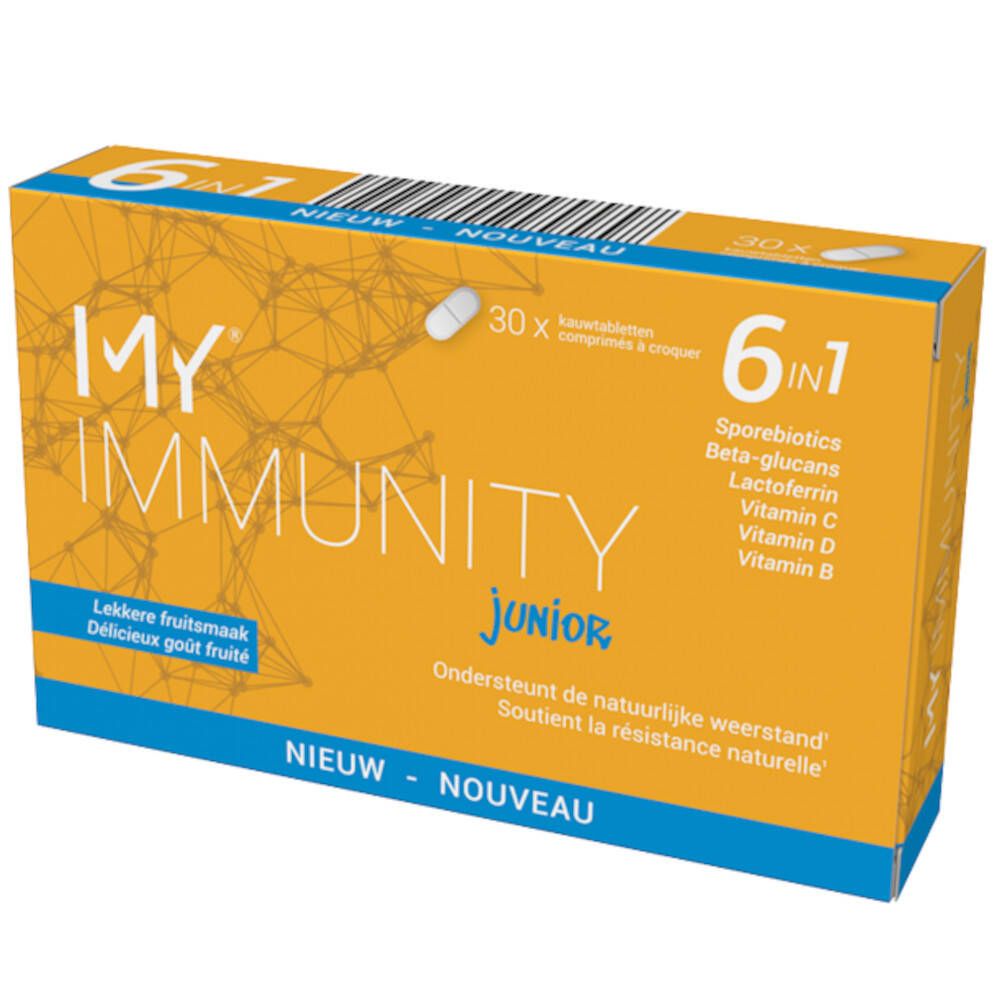 Boîte jaune "MY IMMUNITY junior". Contient 30 comprimés. Inscription "6 en 1".
