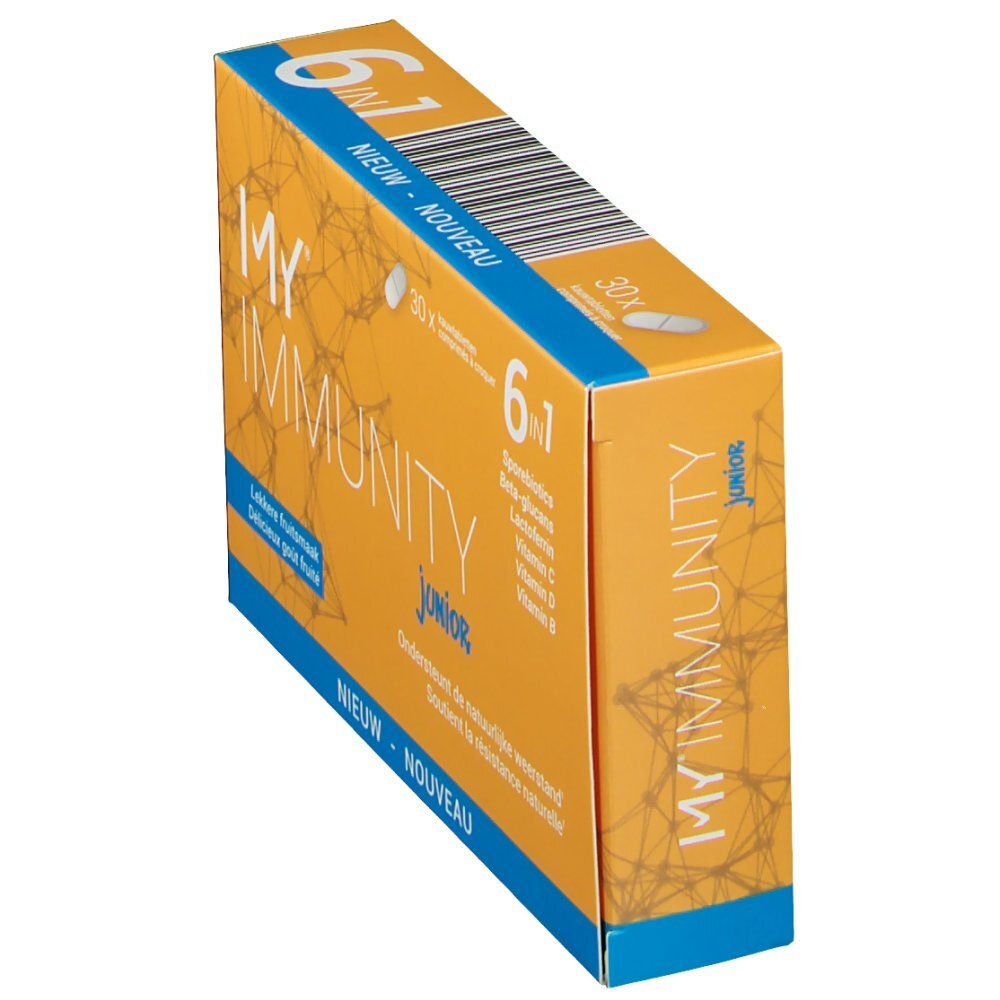 Boîte "MY IMMUNITY junior" en biais. Emballage jaune avec accents bleus. "6 en 1" et "30x" visibles.
