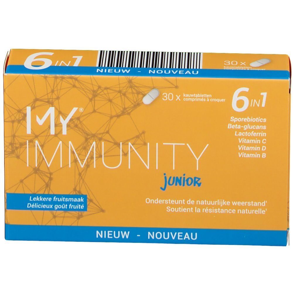 Boîte jaune "MY IMMUNITY junior". Contient 30 comprimés. Inscription "6 en 1". Texte multilingue.