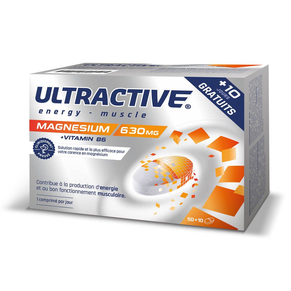 Boîte de comprimés ULTRACTIVE Magnésium + Vitamine B6 630mg, 60 comprimés + 10 gratuits. Énergie, muscles, relaxation.