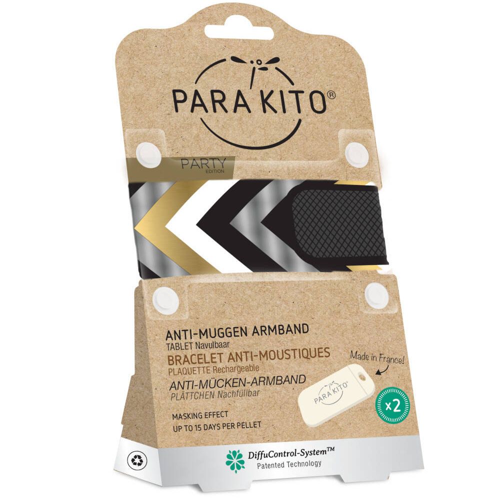 Bracelet Para'Kito PARTY Berlin dans son emballage. Bracelet noir avec motif chevrons. Contient deux recharges.