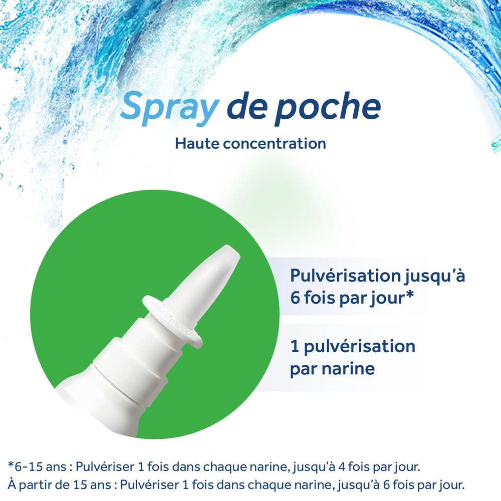 Gros plan de l'embout du spray nasal PHYSIOMER® EXPRESS. Haute concentration.