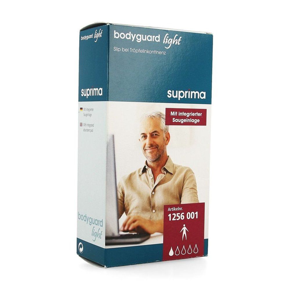 Emballage Suprima body guard light. Inscription : Avec insert absorbant intégré. Homme avec ordinateur portable. Réf. 1256 001.