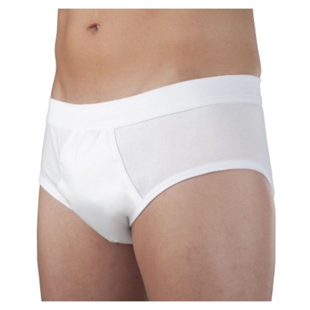 Slip blanc pour homme. Vue de face. Zone de protection intégrée. Taille élastique.