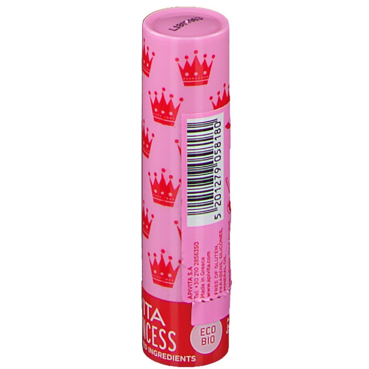 Baume à lèvres rose avec motif de couronnes rouges et sceau ECO BIO.