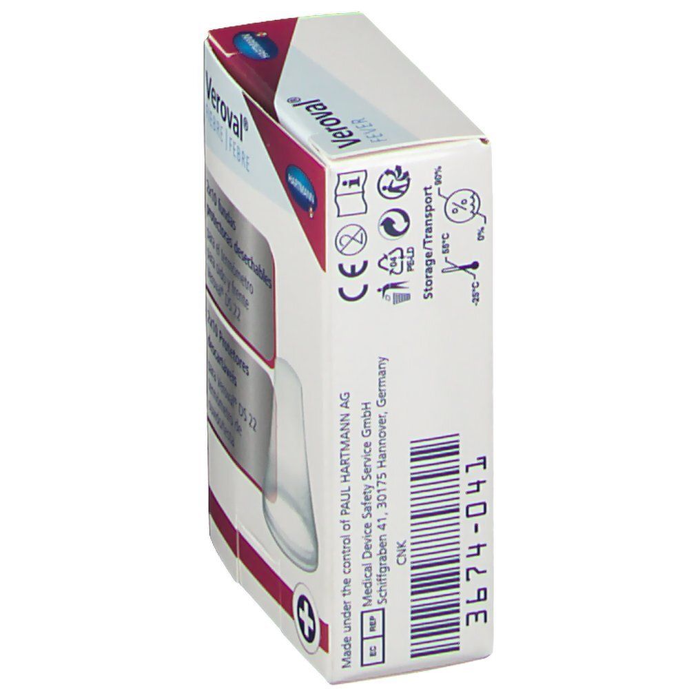 Veroval Fièvre. Vue latérale de l'emballage. Informations de stockage et de transport. Marquage CE.