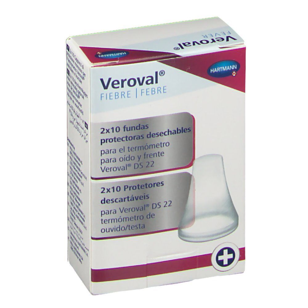 Veroval Fièvre. Boîte avec 2x10 protections jetables. Pour thermomètre auriculaire et frontal. Logo Hartmann.