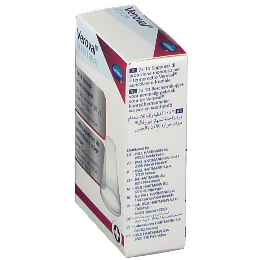Veroval Fièvre. Emballage avec textes multilingues. Informations fabricant. Marquage CE.