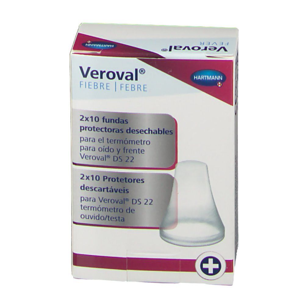 Veroval Fièvre. Boîte avec 2x10 protections jetables. Pour thermomètre auriculaire et frontal. Logo Hartmann.