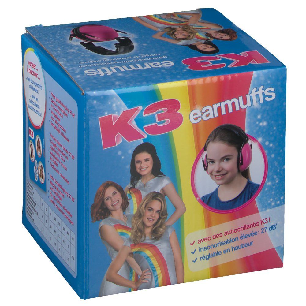 Boîte de protection auditive K3. Image d'un casque rose. Inscription "K3 earmuffs". Fille avec casque. Fond arc-en-ciel. Ensemble d'autocollants.