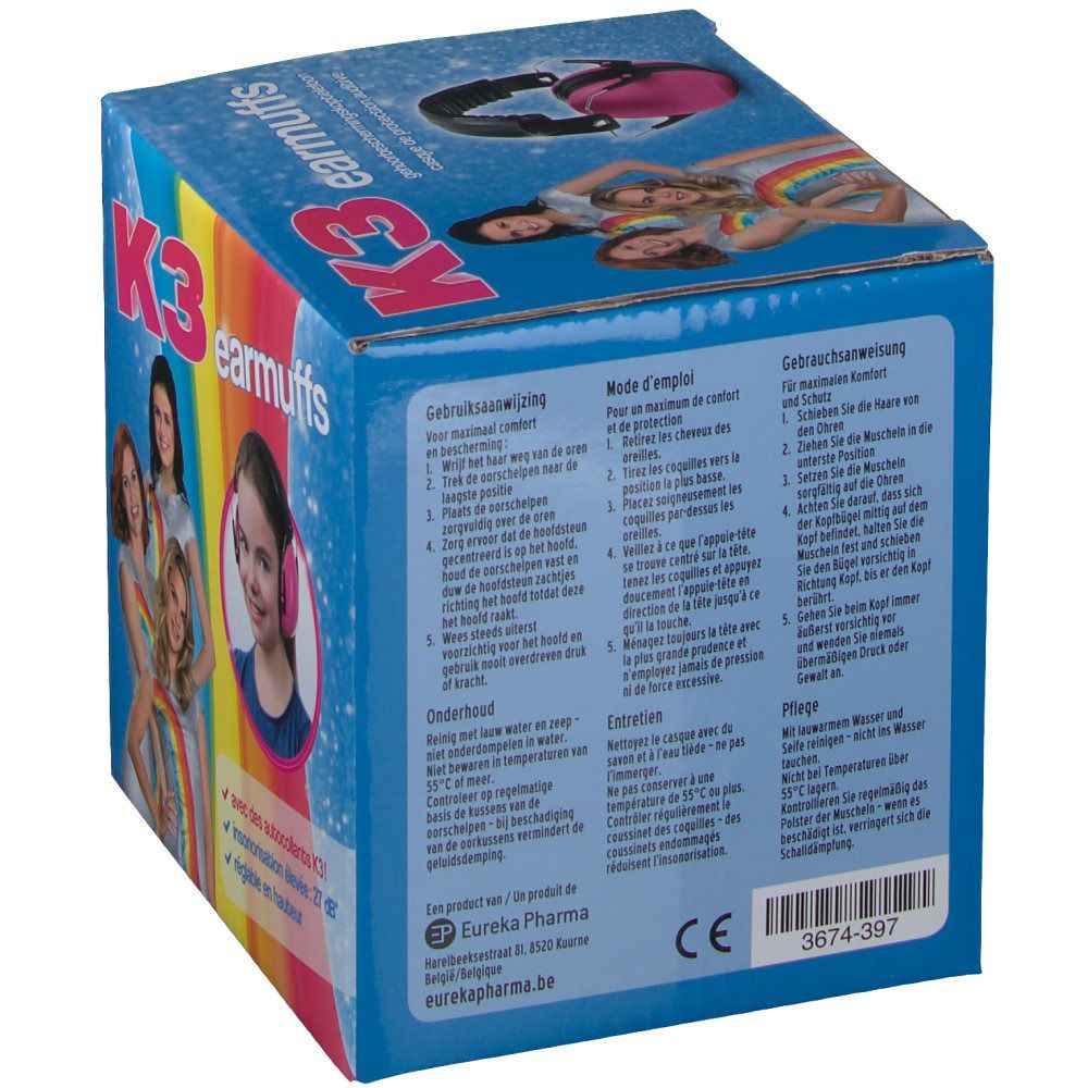 Boîte de protection auditive K3. Dos avec instructions en plusieurs langues. Marque CE. Code-barres. Nom du produit "K3 earmuffs".