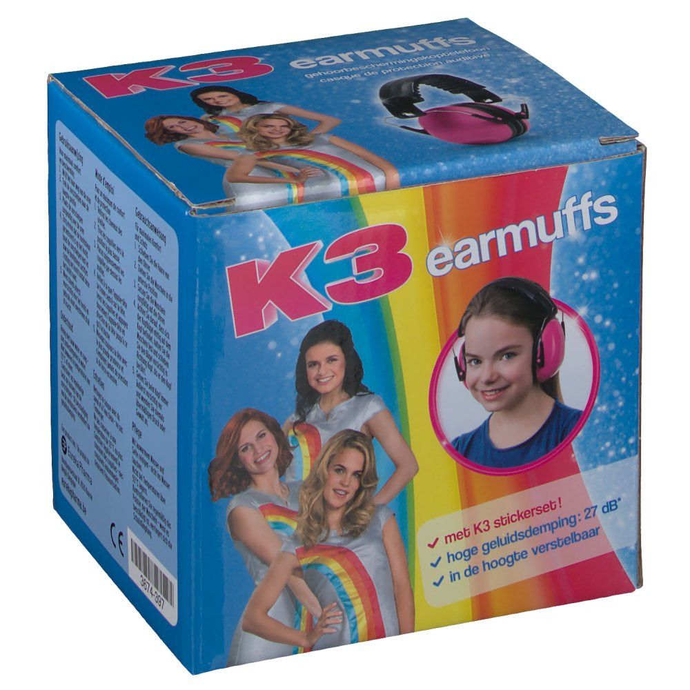 Boîte de protection auditive K3. Image d'un casque rose. Inscription "K3 earmuffs". Fille avec casque. Fond arc-en-ciel. Ensemble d'autocollants.