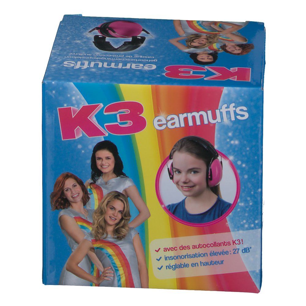 Boîte de protection auditive K3. Image d'un casque rose. Inscription "K3 earmuffs". Fille avec casque. Fond arc-en-ciel. Ensemble d'autocollants.