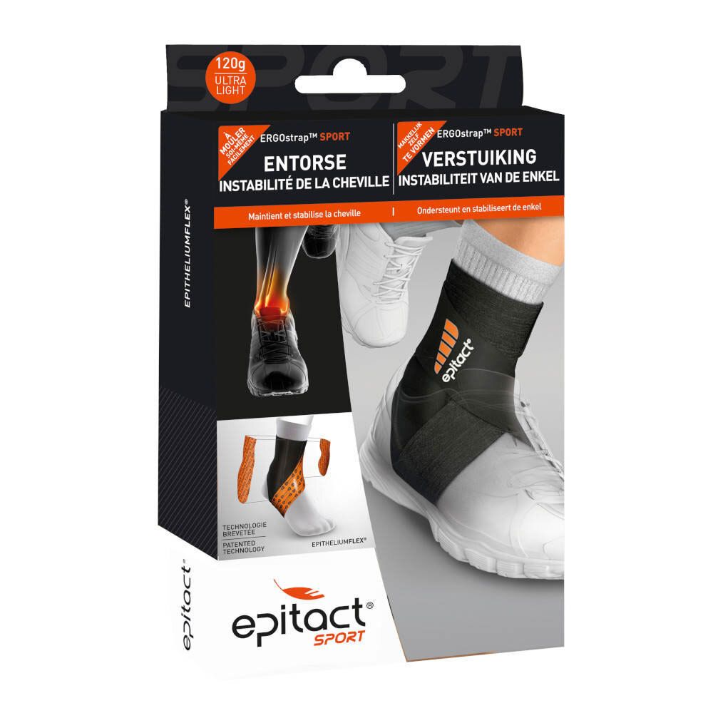Emballage de l'attelle de cheville epitact® Sport. Attelle noire et orange sur le pied. Texte : Entorse, Verstauiking, epitact® Sport.