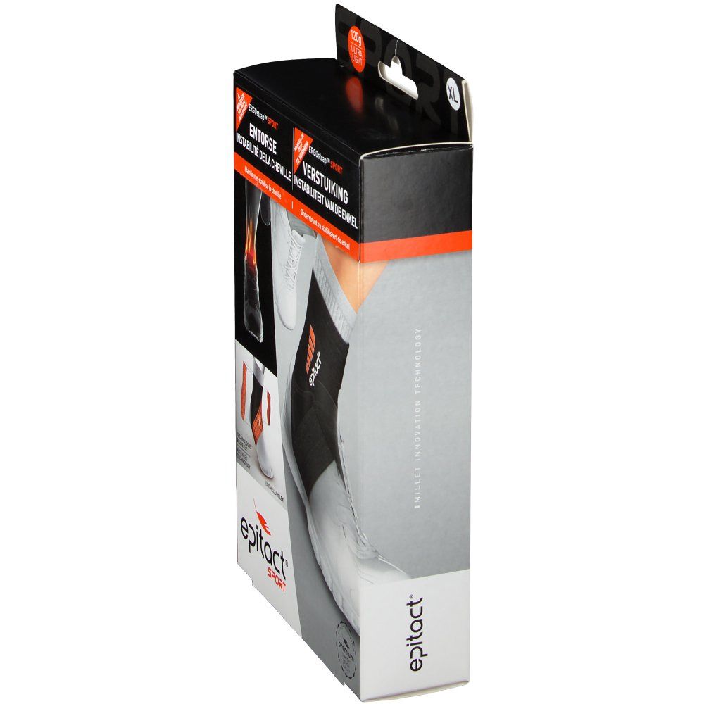 Vue latérale de l'emballage. Nom du produit et logo en bas. Emballage noir avec des accents orange.