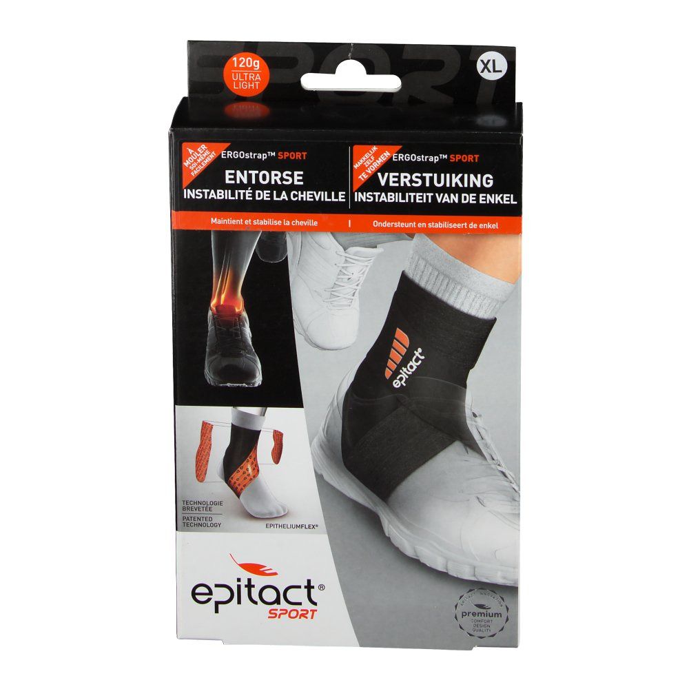 Emballage de la chevillère de sport. Bandage noir et orange sur le pied. Nom du produit et logo en bas.