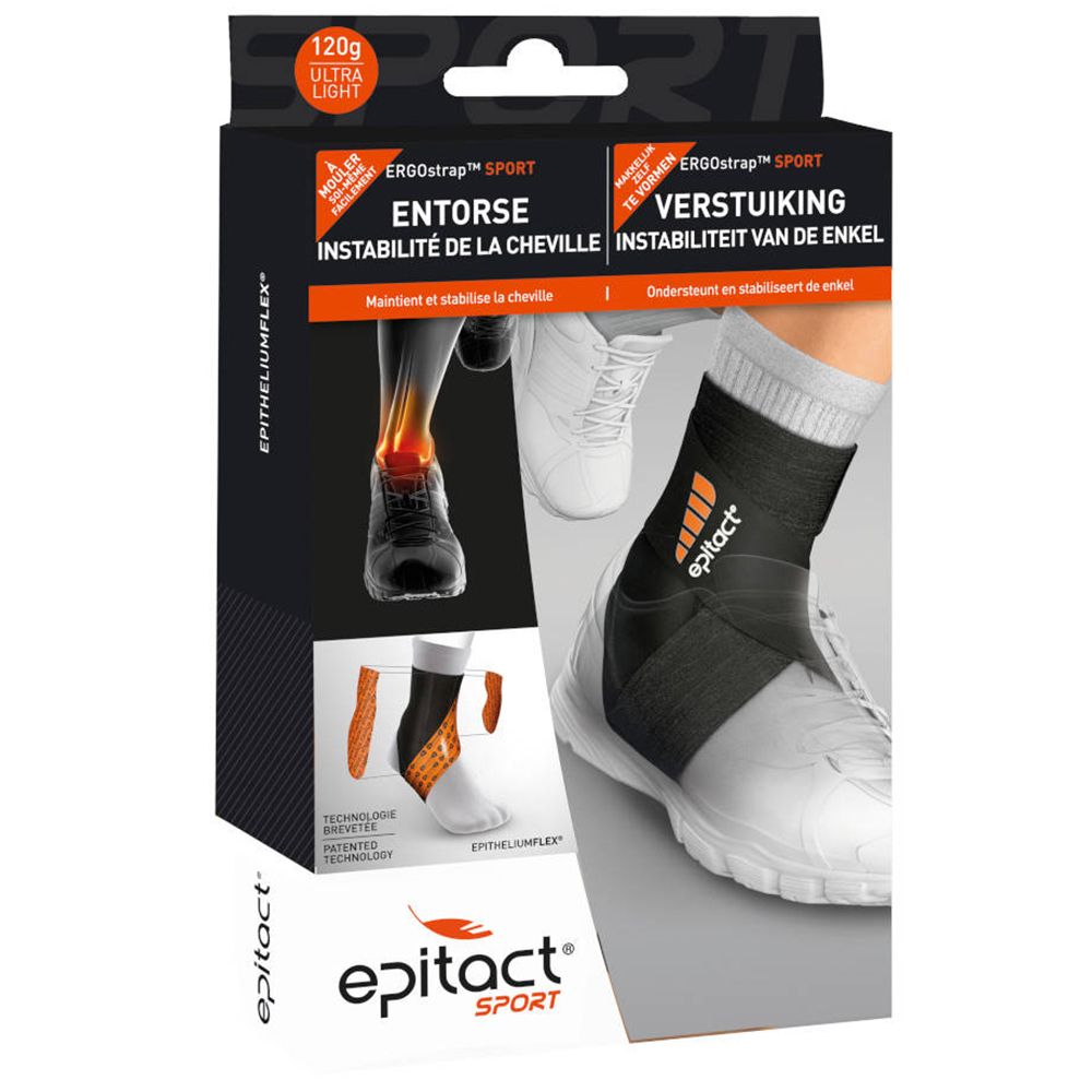 Emballage de l'attelle de cheville epitact® Sport. Attelle noire et orange sur pied blanc. Texte: Entorse, Instabilité, Epitact Sport.