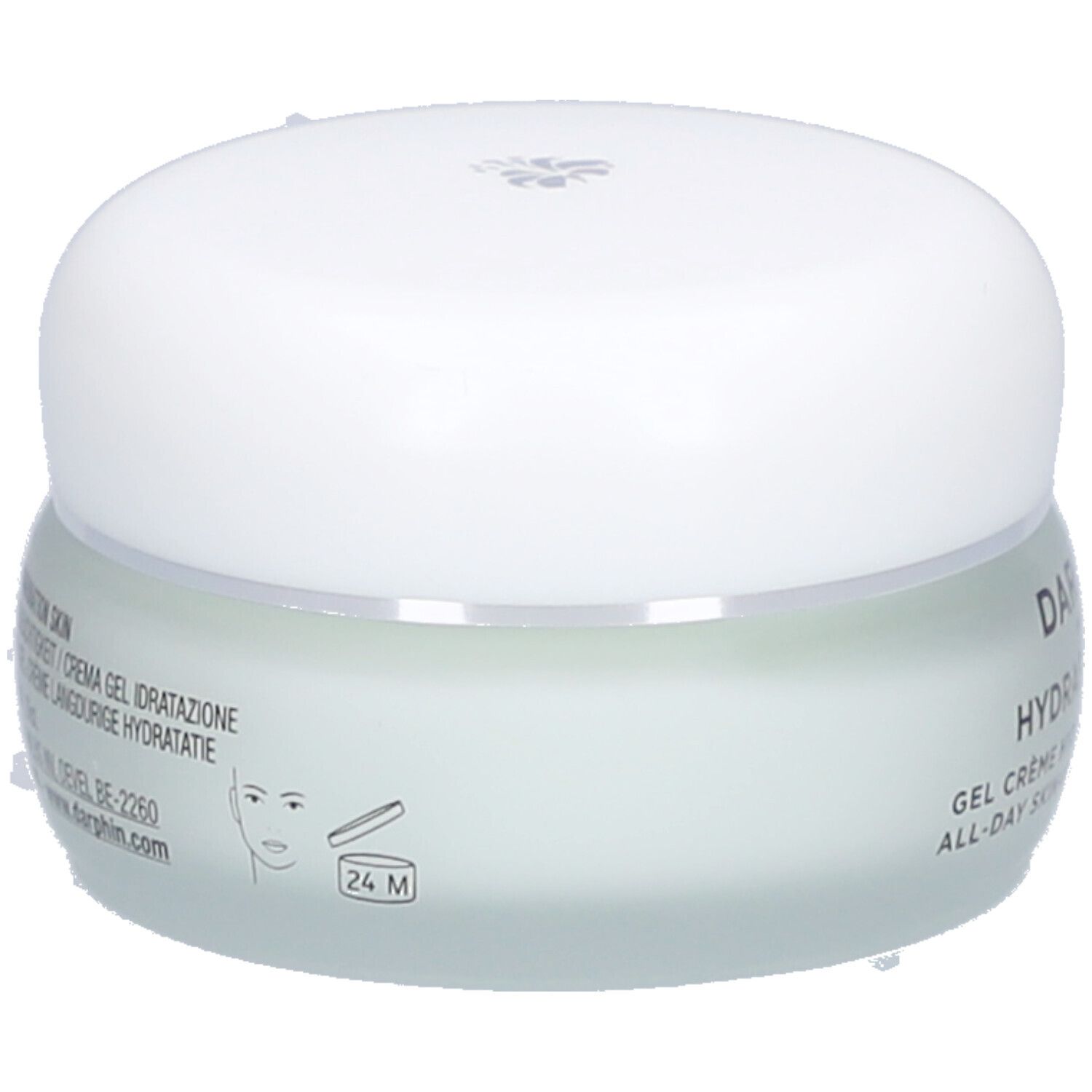 Pot de crème-gel avec couvercle blanc. Inscription: Gel Crème Hydratation Continue. Symbole 24M.
