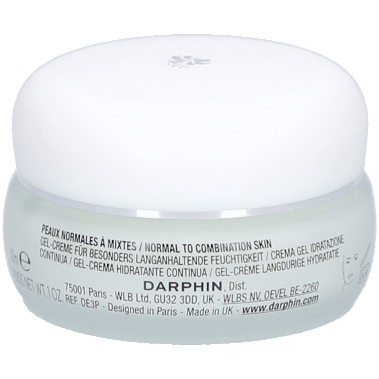 Pot de crème-gel avec couvercle blanc. Inscription: Peaux normales à mixtes. Texte en français, anglais et italien.