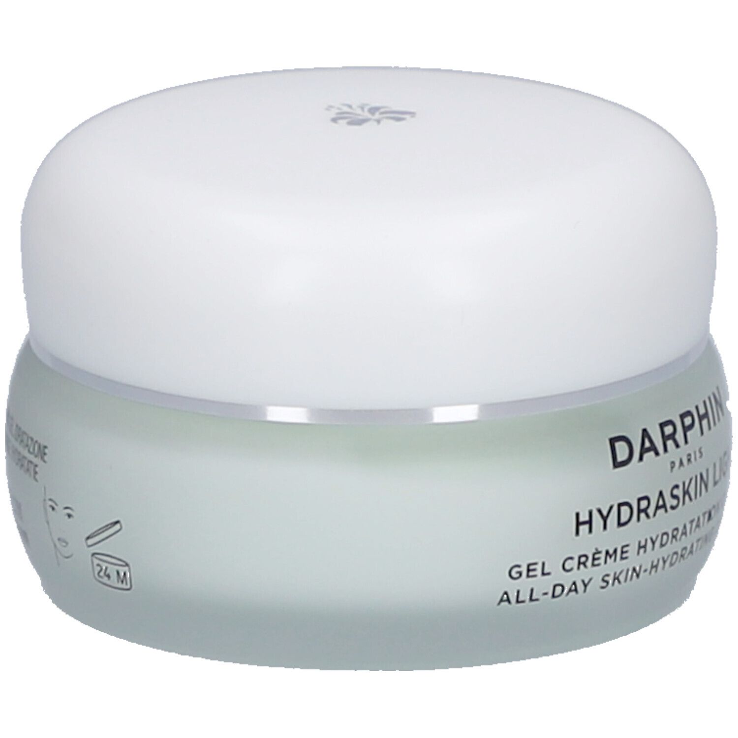 Pot de crème-gel avec couvercle blanc. Inscription: Darphin Hydraskin Light. Symbole 24M.