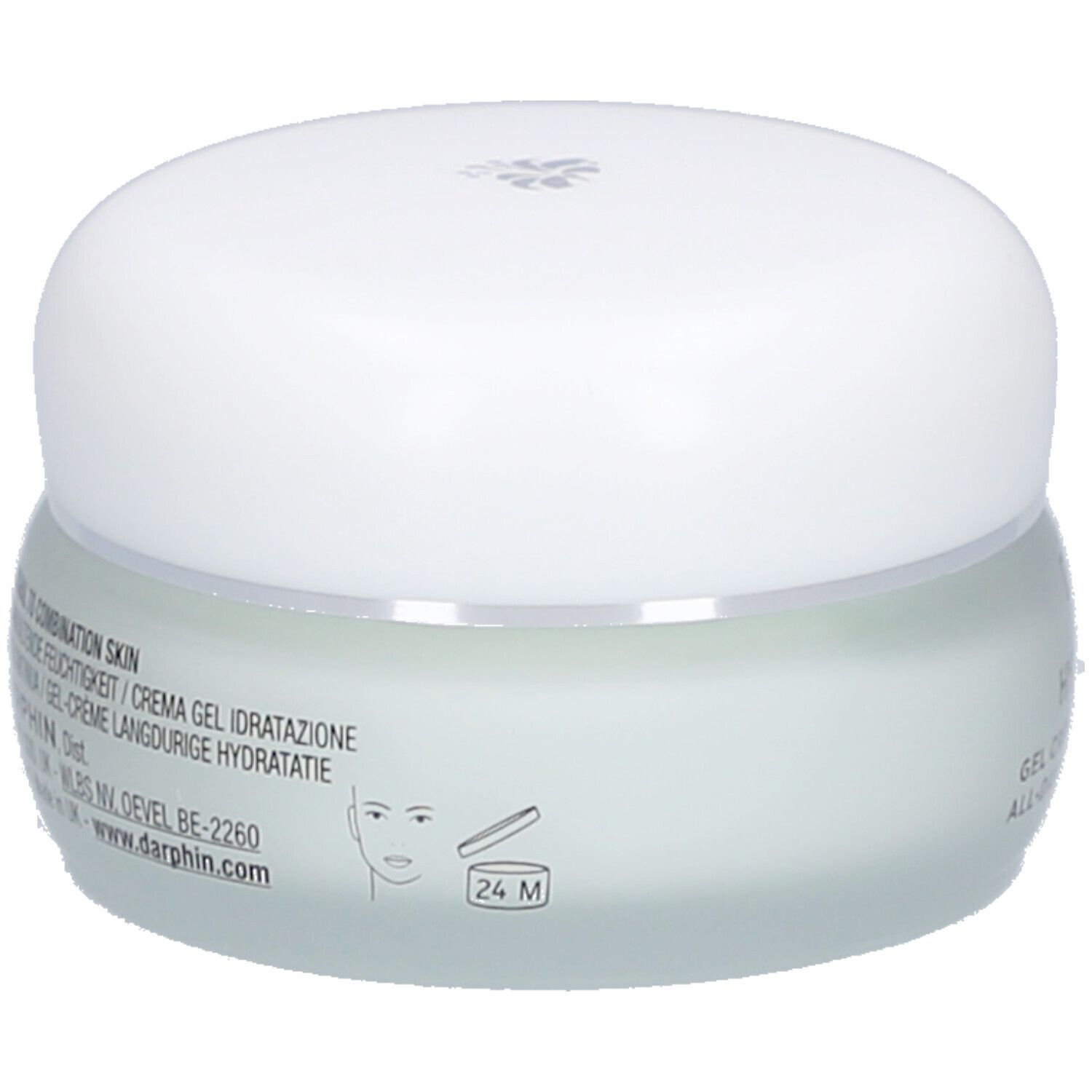 Pot de crème-gel avec couvercle blanc. Inscription: Peaux normales à mixtes. Texte en français, anglais et italien.