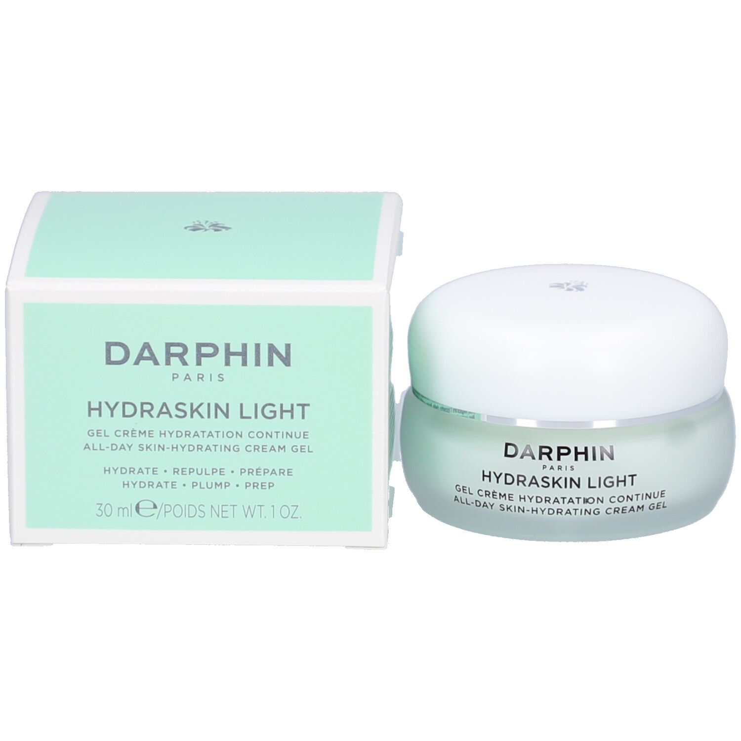 Pot de crème-gel et boîte. Inscription: Darphin Hydraskin Light. 30 ml. Texte en anglais et français.