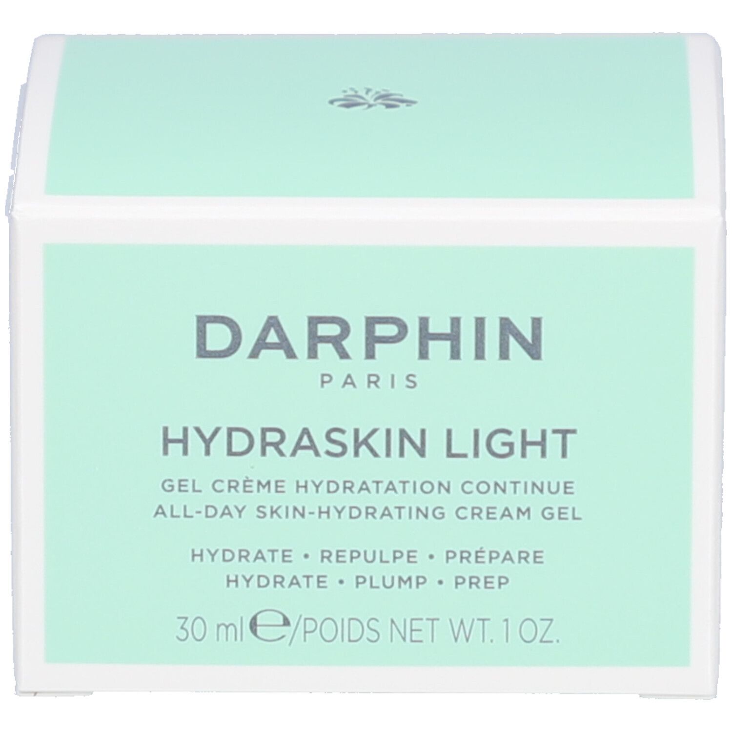 Boîte avec inscription: Darphin Hydraskin Light. 30 ml. Texte en anglais et français.