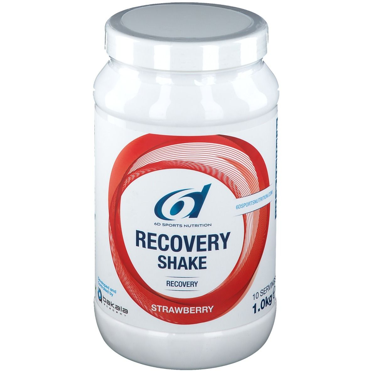 Pot blanc avec design rouge. Inscription: 6D Sports Nutrition, Recovery Shake Fraise, 1.0kg, 10 portions.