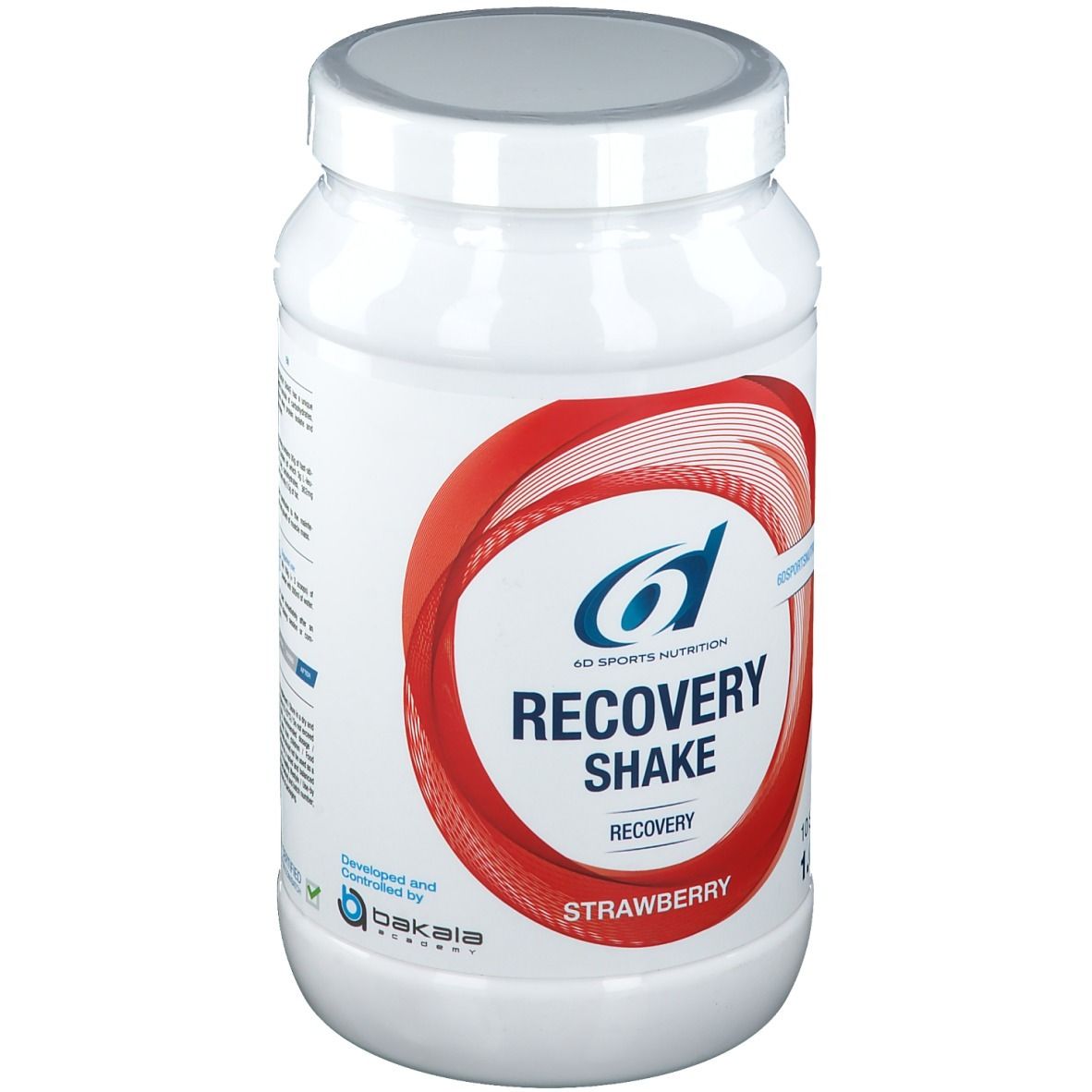Pot blanc avec design rouge. Inscription: 6D Sports Nutrition, Recovery Shake Fraise, 1.0kg, 10 portions.