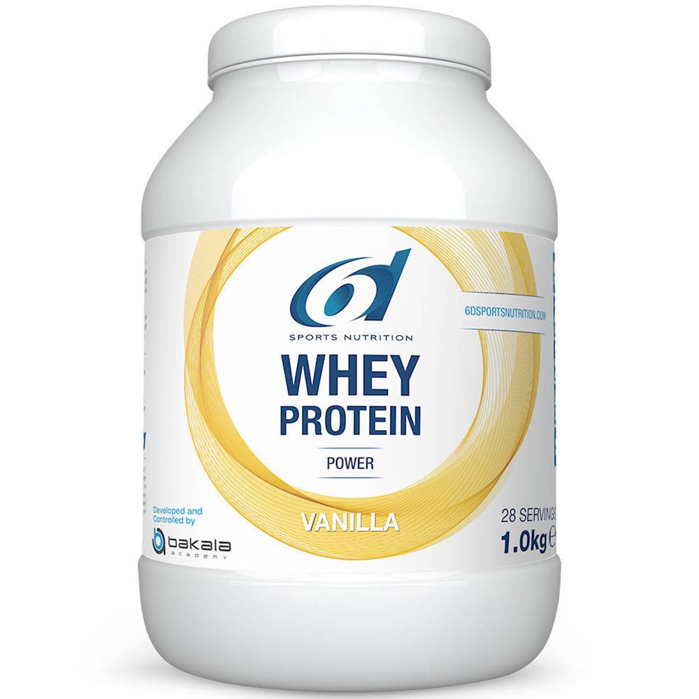 Récipient blanc avec couvercle. Inscription : 6d Sports Nutrition, Whey Protein, Vanille. 1,0 kg, 28 portions.
