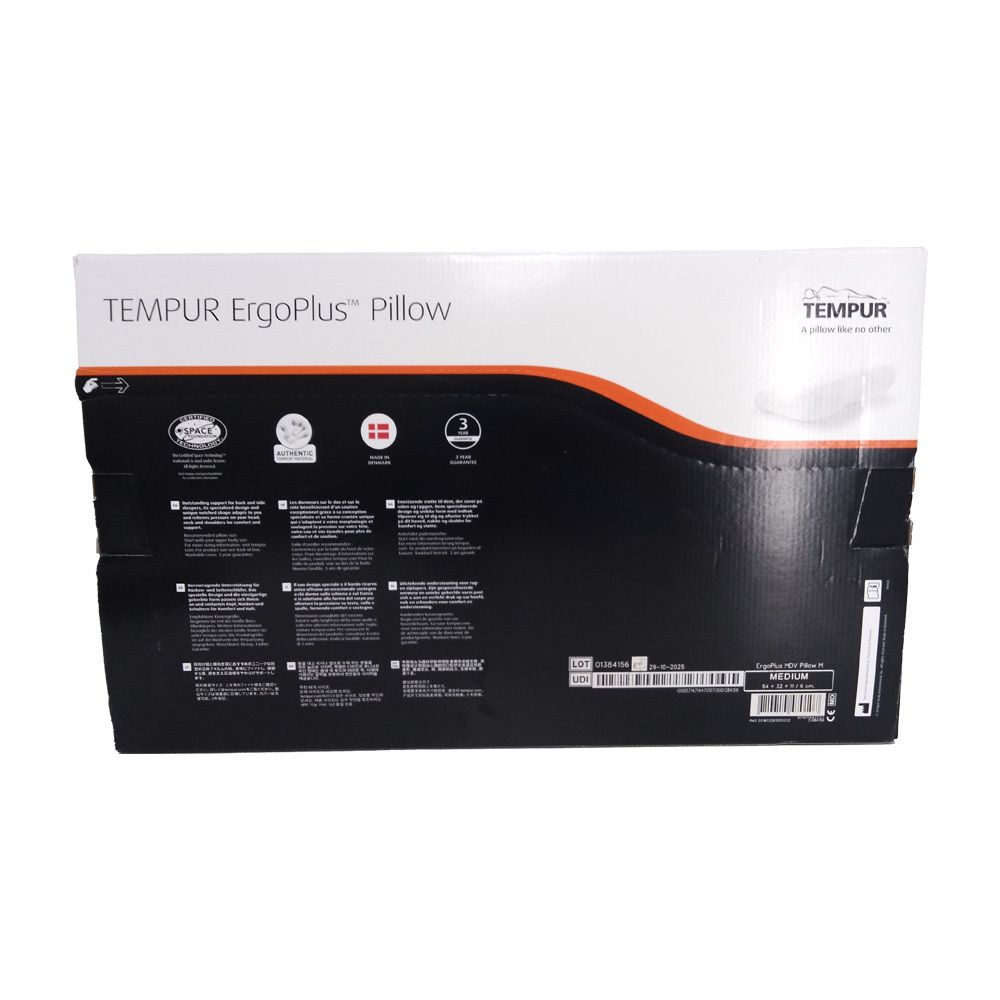 Dos de l'emballage. Inscription: TEMPUR ErgoPlus Pillow. Logos et texte.