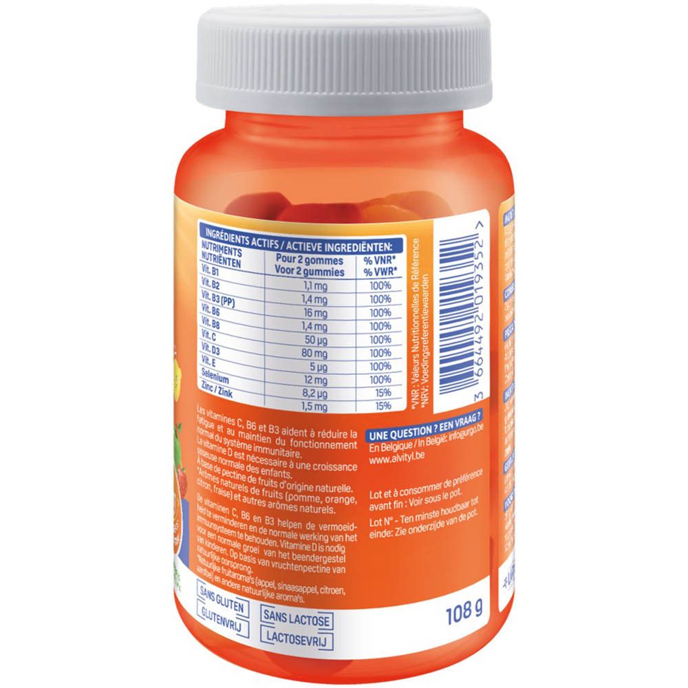 Dos du flacon Alvityl® Vitalité Gummies. Informations nutritionnelles. Texte: Sans gluten, sans lactose.