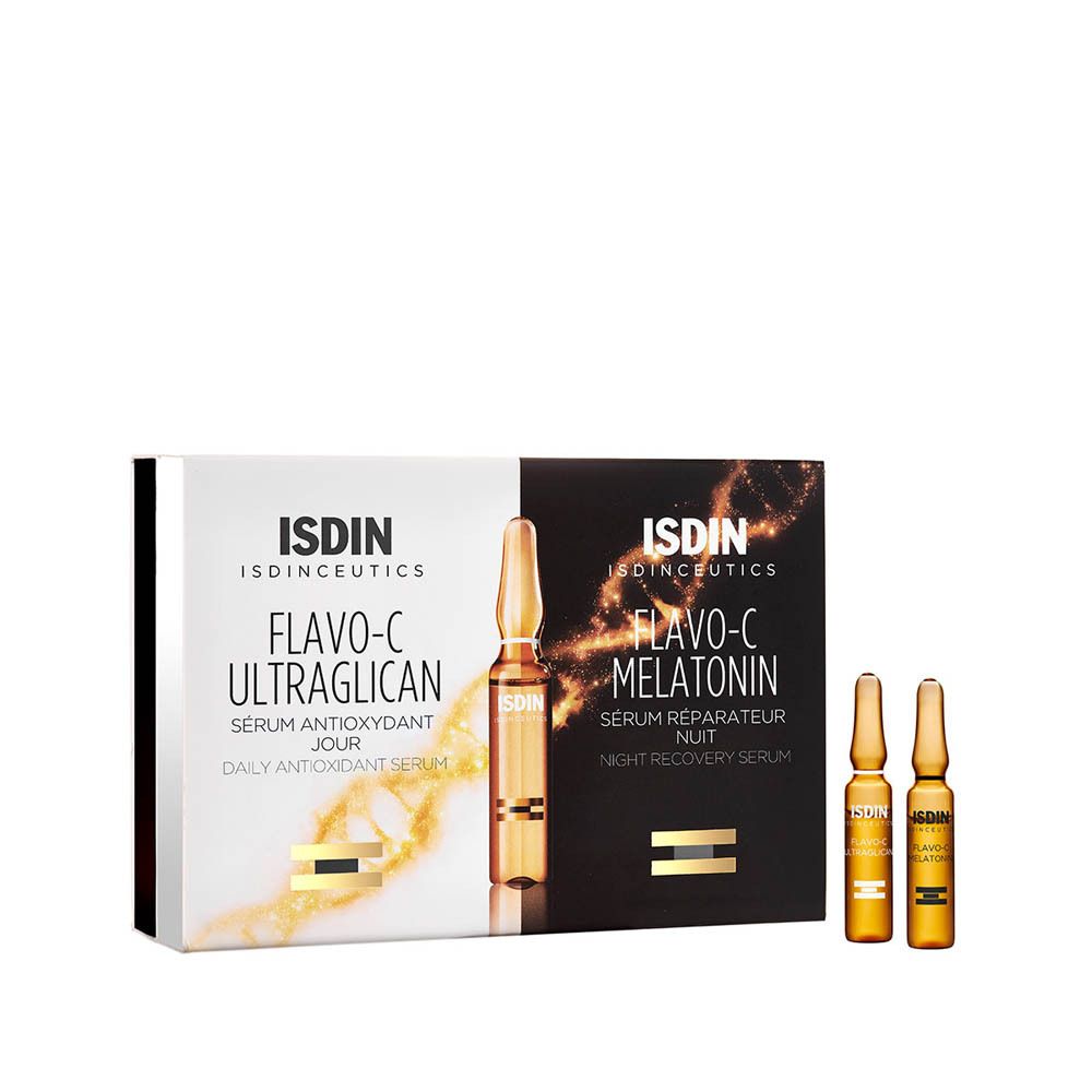 Boîte avec ampoules. Inscriptions: ISDIN, Flavo-C Ultraglican, Flavo-C Melatonin. Sérum jour et nuit.