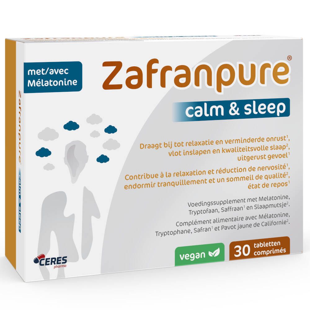 Boîte de ZafranPure Calm & Sleep. Carton blanc avec nom du produit et informations. Contient 30 comprimés.