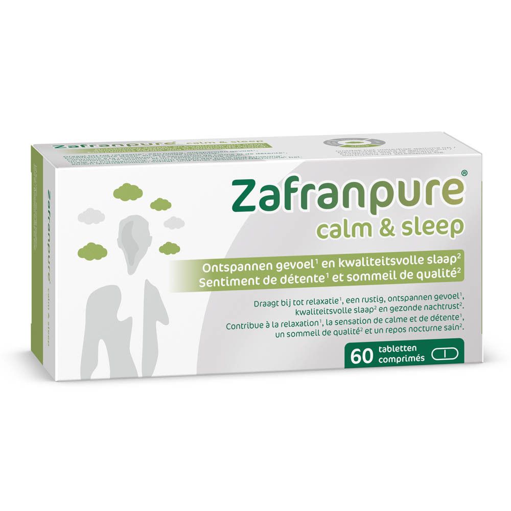 Boîte de ZafranPure Calm & Sleep. Contient de la mélatonine. Vegan. 60 comprimés. Blanc, orange et bleu.