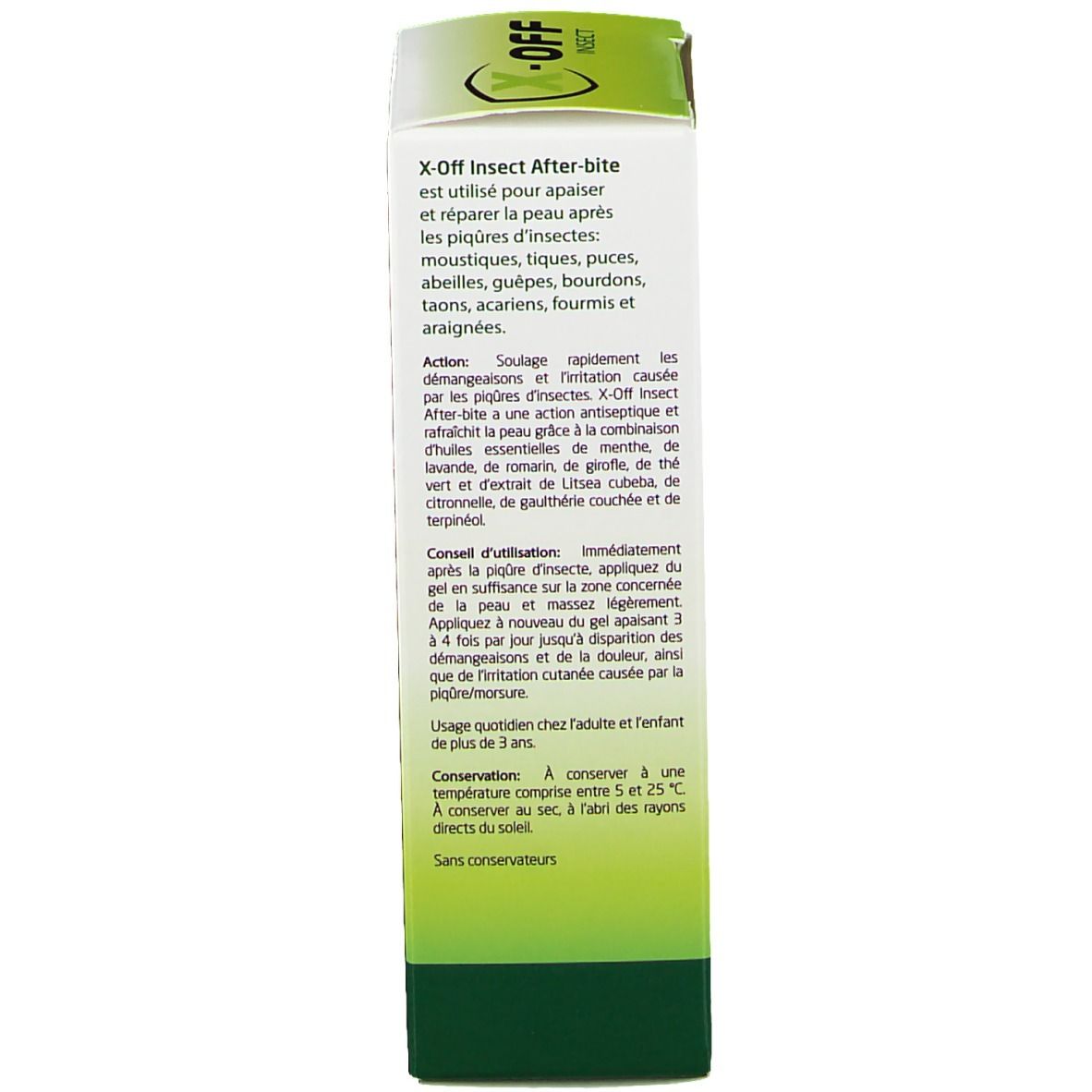 Côté de la boîte X-off Insekt After Bite. Texte en français. Conseils d'utilisation. Conseils de conservation. Avertissements.