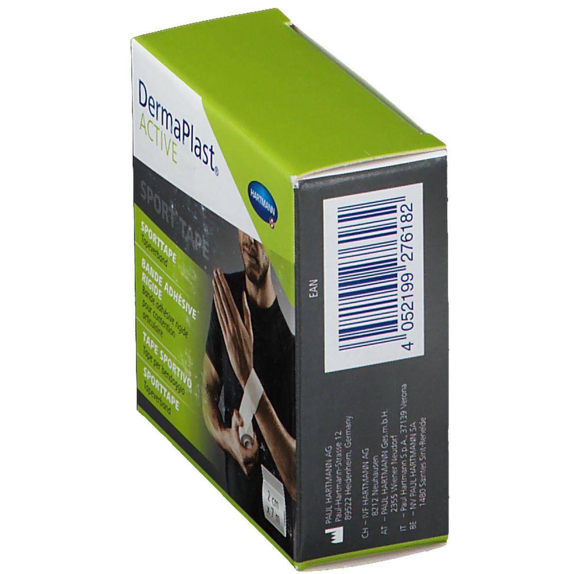 Emballage Dermaplast Active Sport Tape, vue latérale. Code-barres et informations produit. Design vert et blanc.