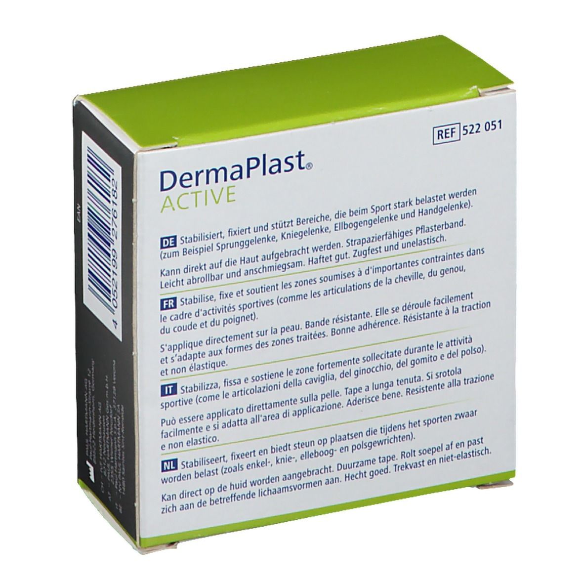 Emballage Dermaplast Active Sport Tape. Dos avec informations produit multilingues. Design vert et blanc.