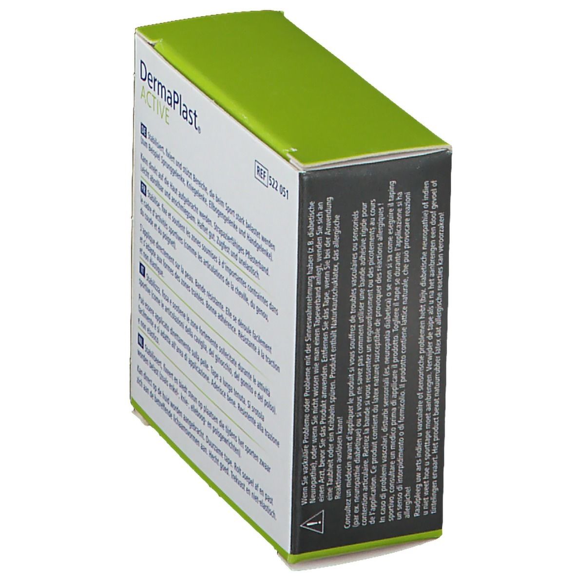 Emballage Dermaplast Active Sport Tape. Vue oblique avec informations produit. Design vert et blanc.