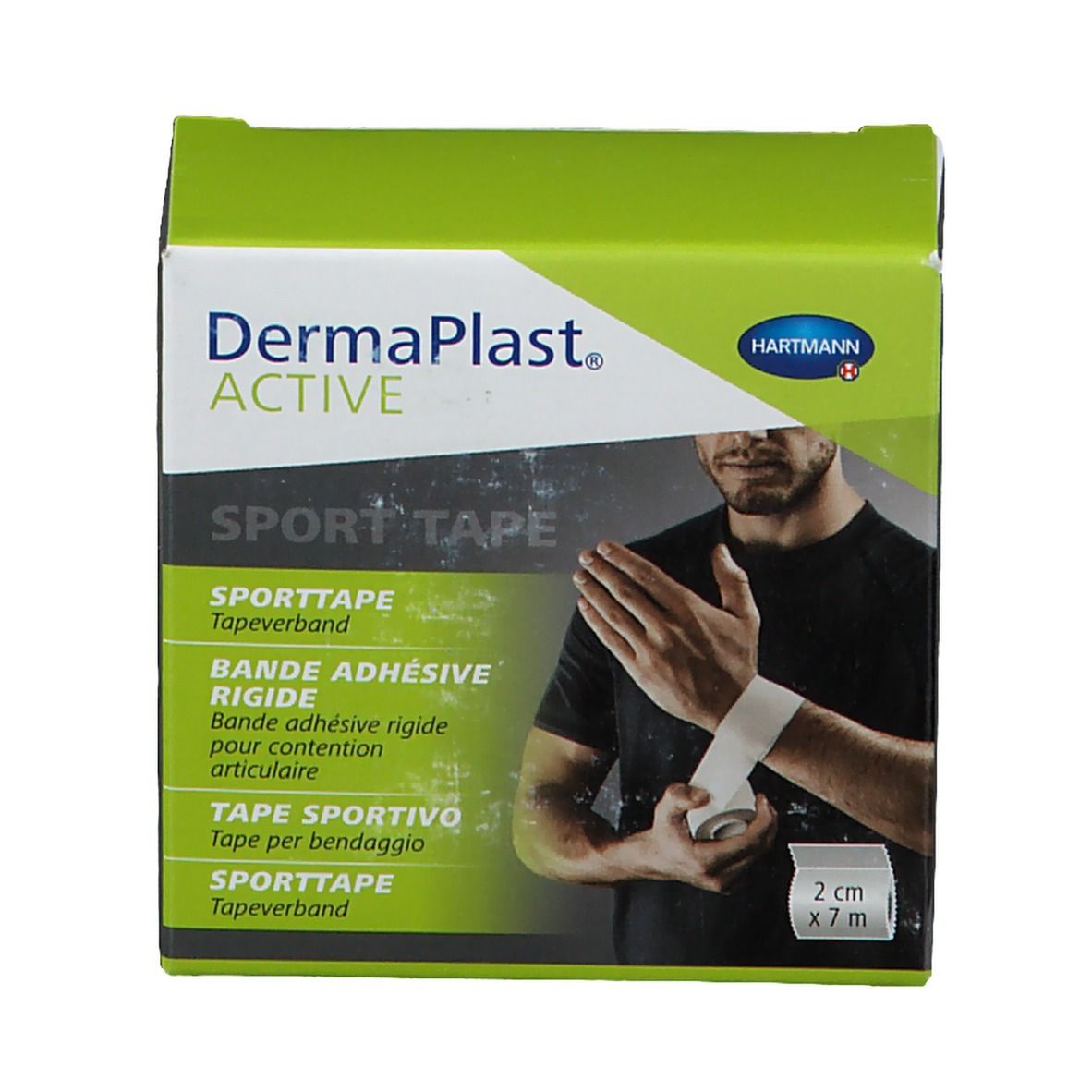 Emballage Dermaplast Active Sport Tape. Boîte verte et blanche avec nom et logo. Ruban adhésif 2cm x 7m.