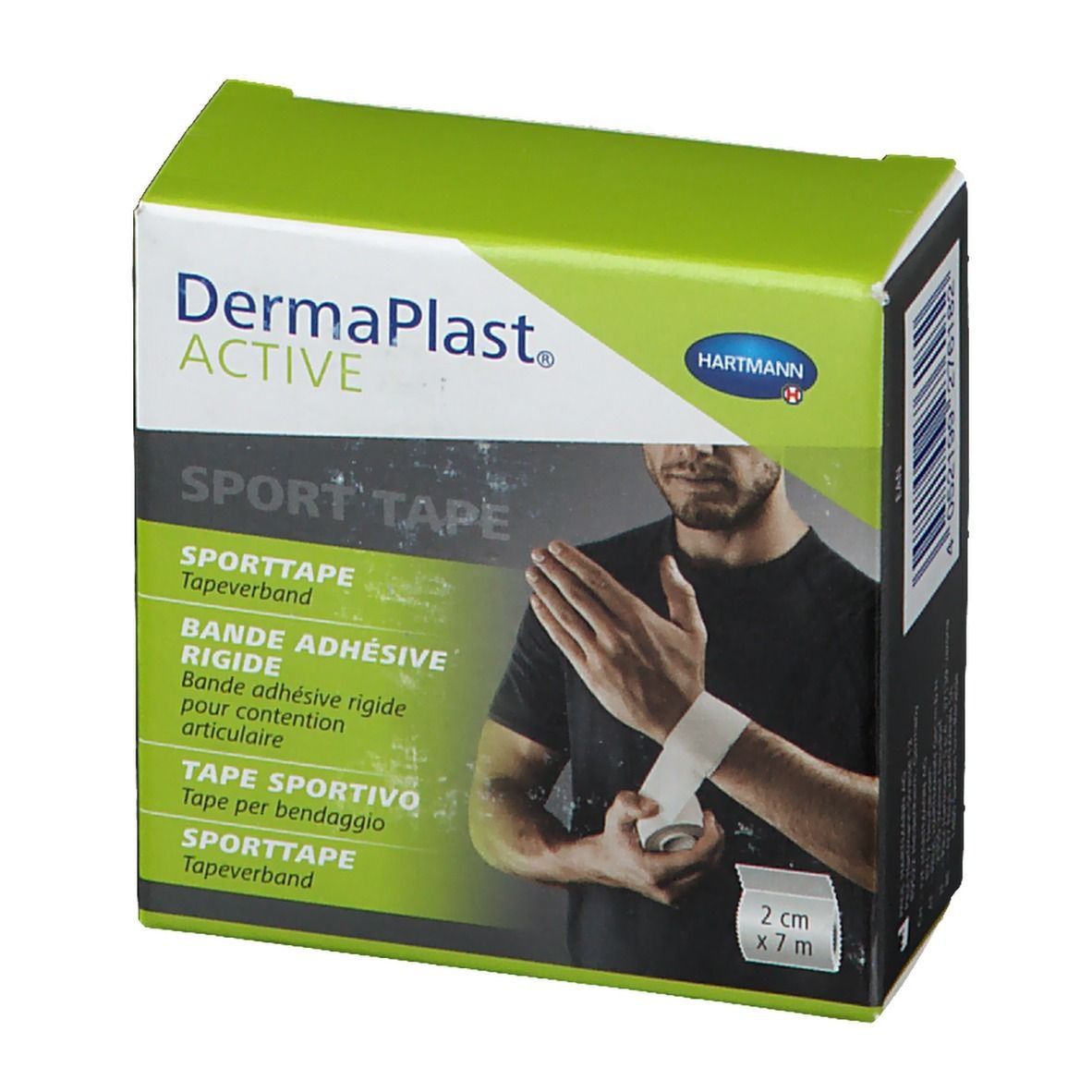 Emballage Dermaplast Active Sport Tape. Boîte verte et blanche avec nom et logo. Ruban adhésif 2cm x 7m.