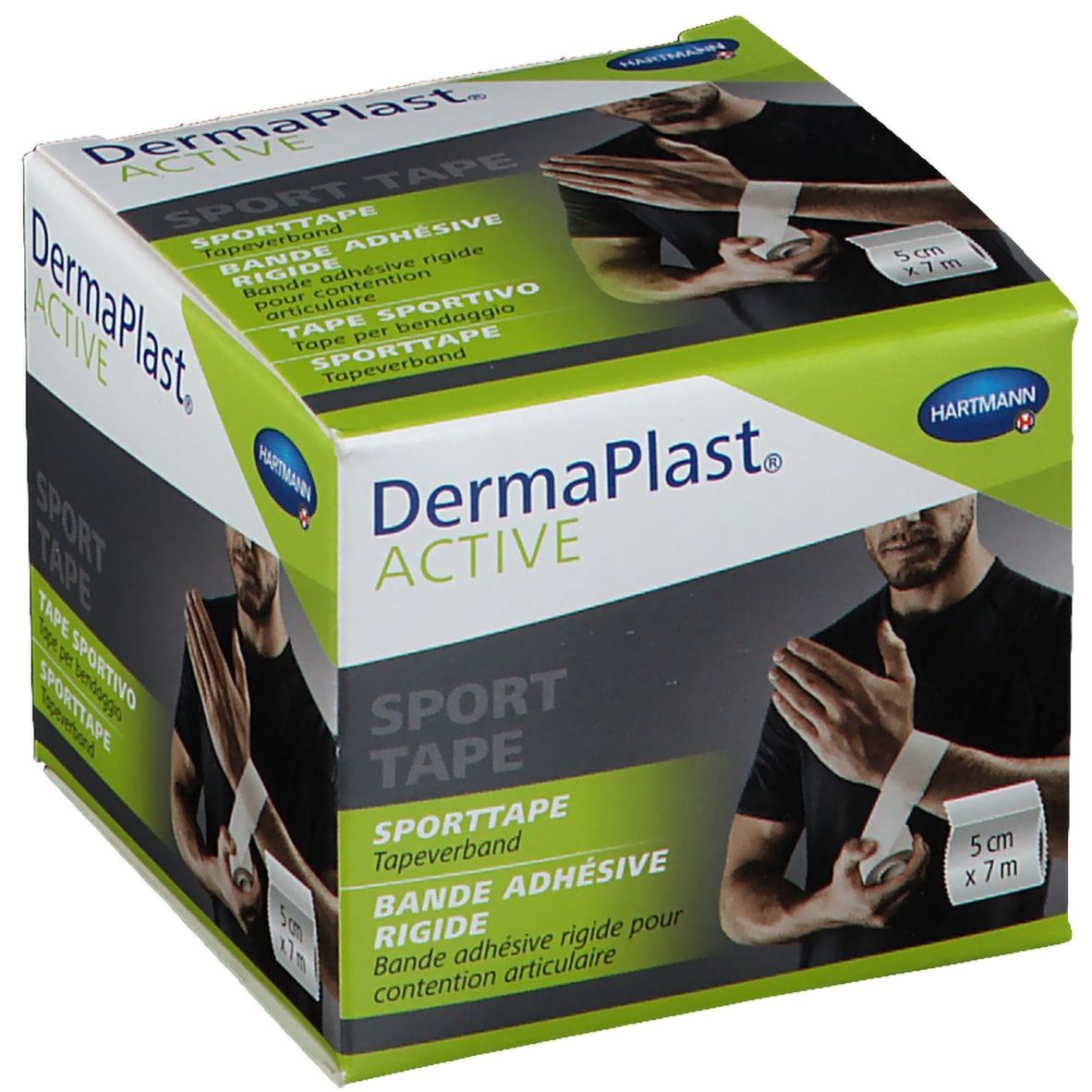 Boîte de Dermaplast Active Sport Tape blanc. Dimensions : 5 cm x 7 m. Illustration d'un sportif utilisant le produit.