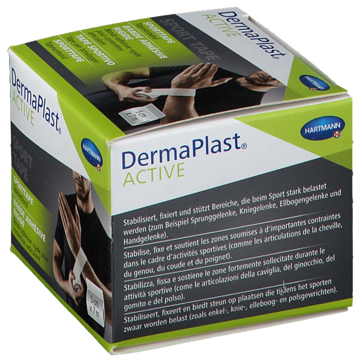 Boîte de Dermaplast Active Sport Tape. Texte: Sport Tape, 5 cm x 7 m. Illustration d'un sportif. Informations d'utilisation.