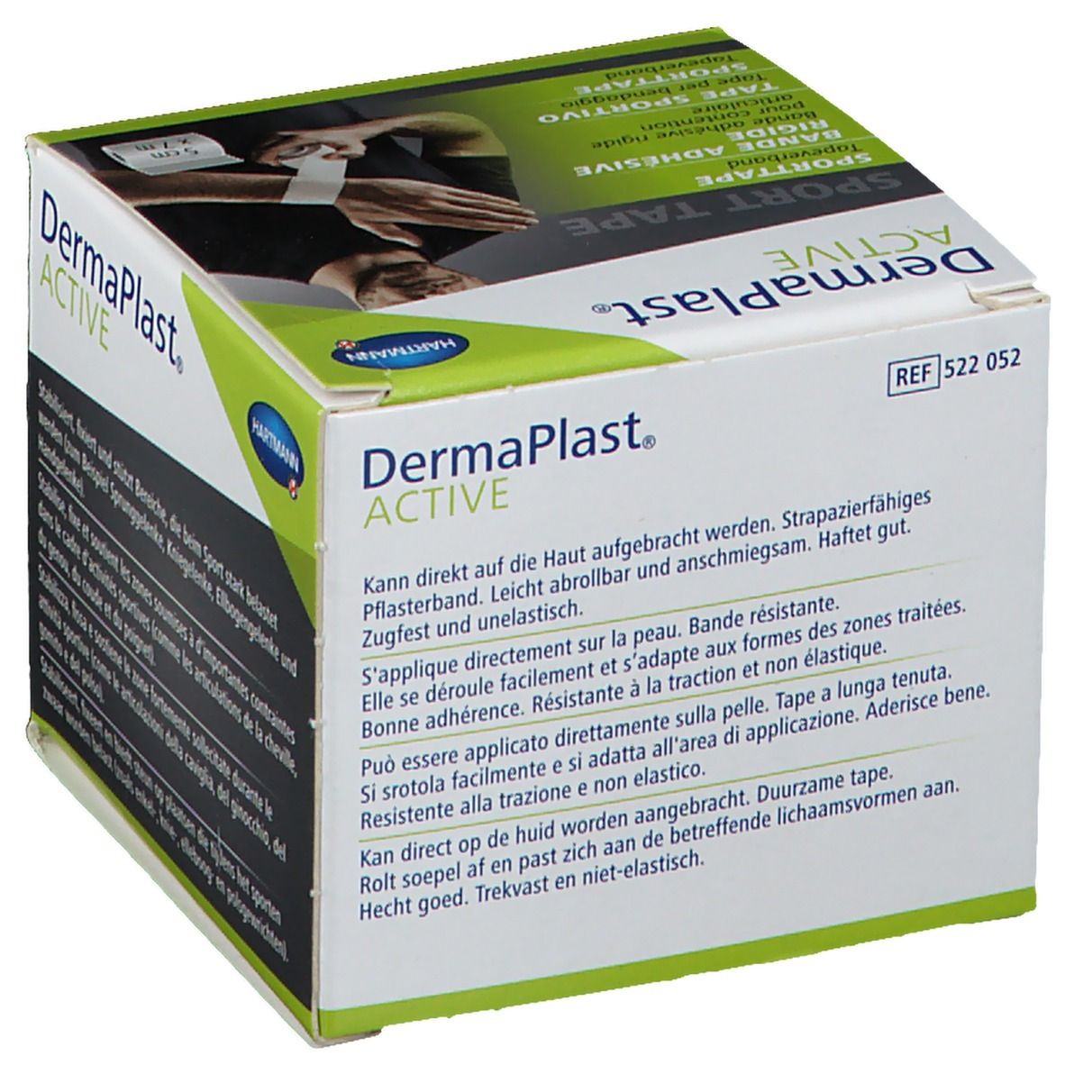 Boîte de Dermaplast Active Sport Tape. Texte: Sport Tape, 5 cm x 7 m. Informations sur l'utilisation et les propriétés.
