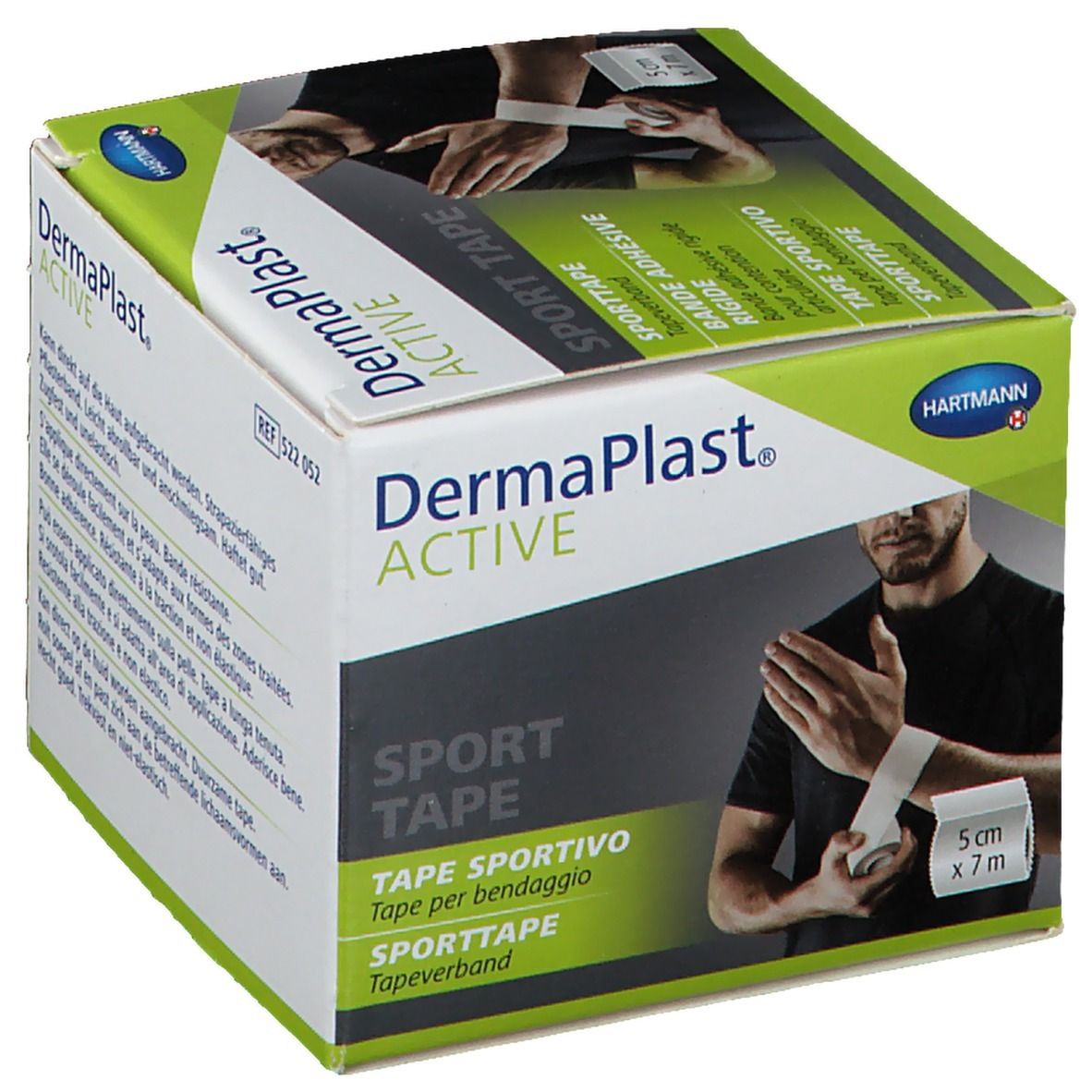Boîte de Dermaplast Active Sport Tape. Texte: Sport Tape, 5 cm x 7 m. Illustration d'un sportif. Marque Hartmann.