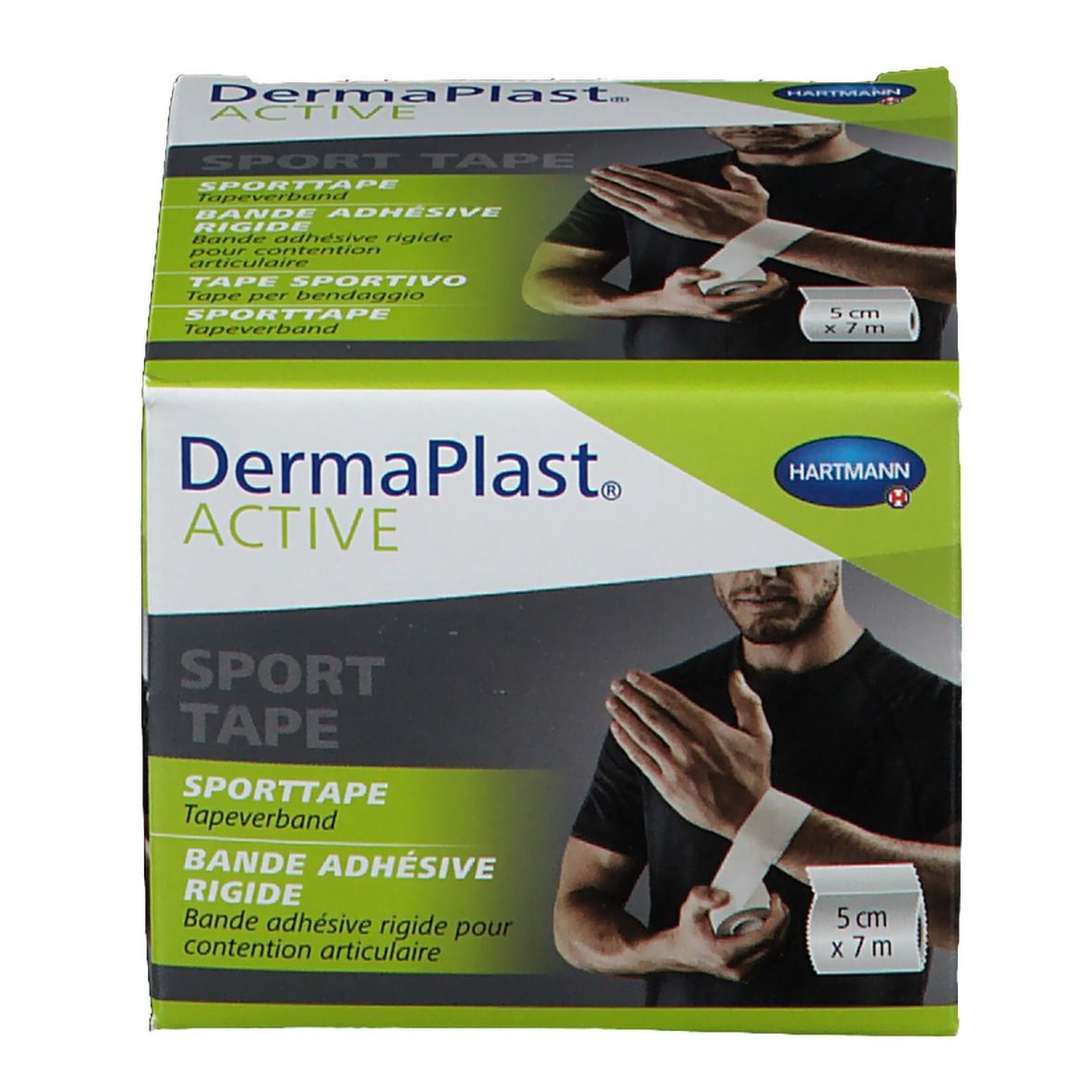 Deux boîtes de Dermaplast Active Sport Tape. Texte: Sport Tape, 5 cm x 7 m. Illustration d'un sportif.