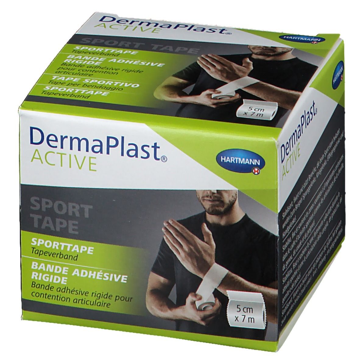 Boîte de Dermaplast Active Sport Tape. Texte: Sport Tape, 5 cm x 7 m. Illustration d'un sportif. Marque Hartmann.