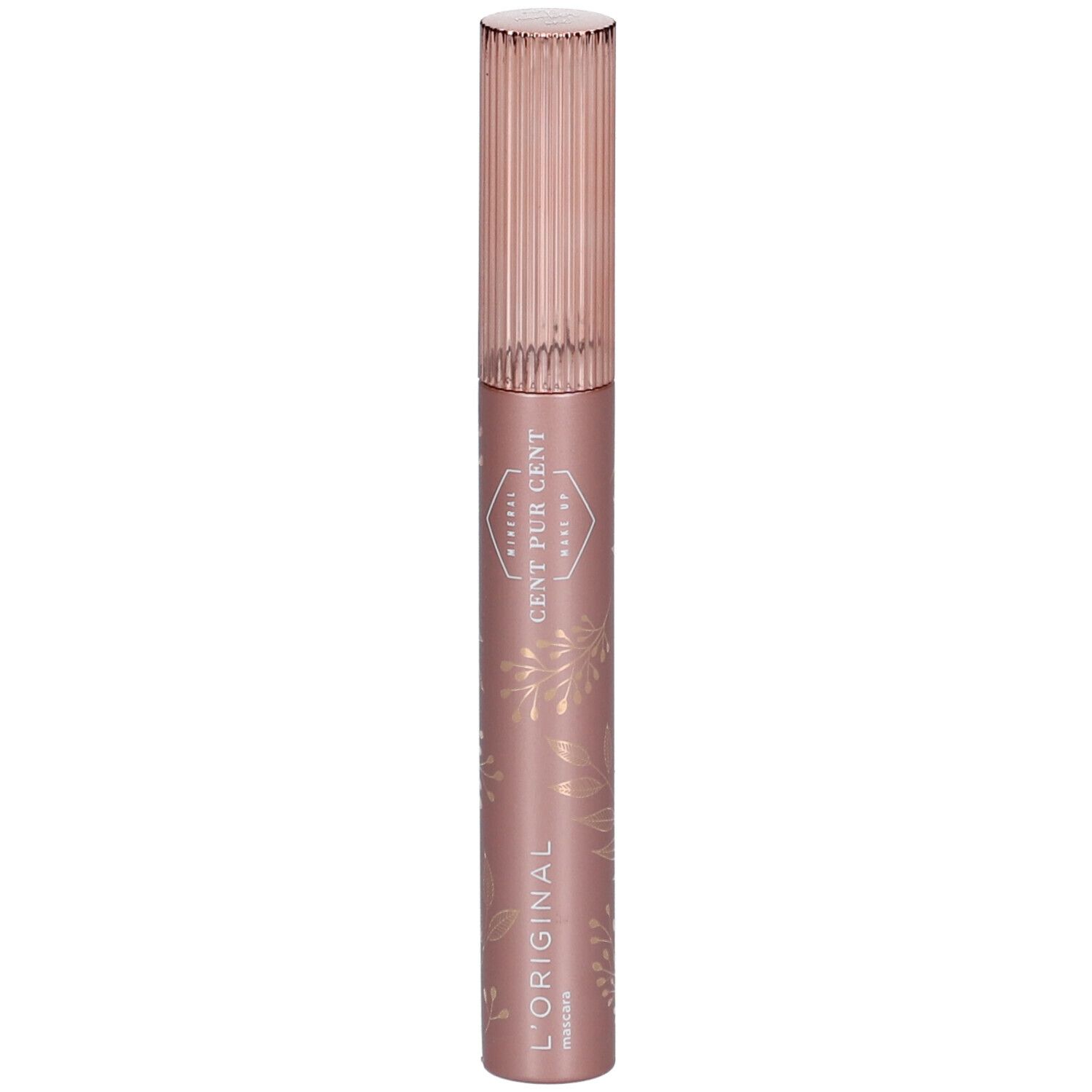 Tube de mascara rose avec bouchon cannelé. Inscription: CENT PUR CENT, L'ORIGINAL Mascara. Motifs floraux.