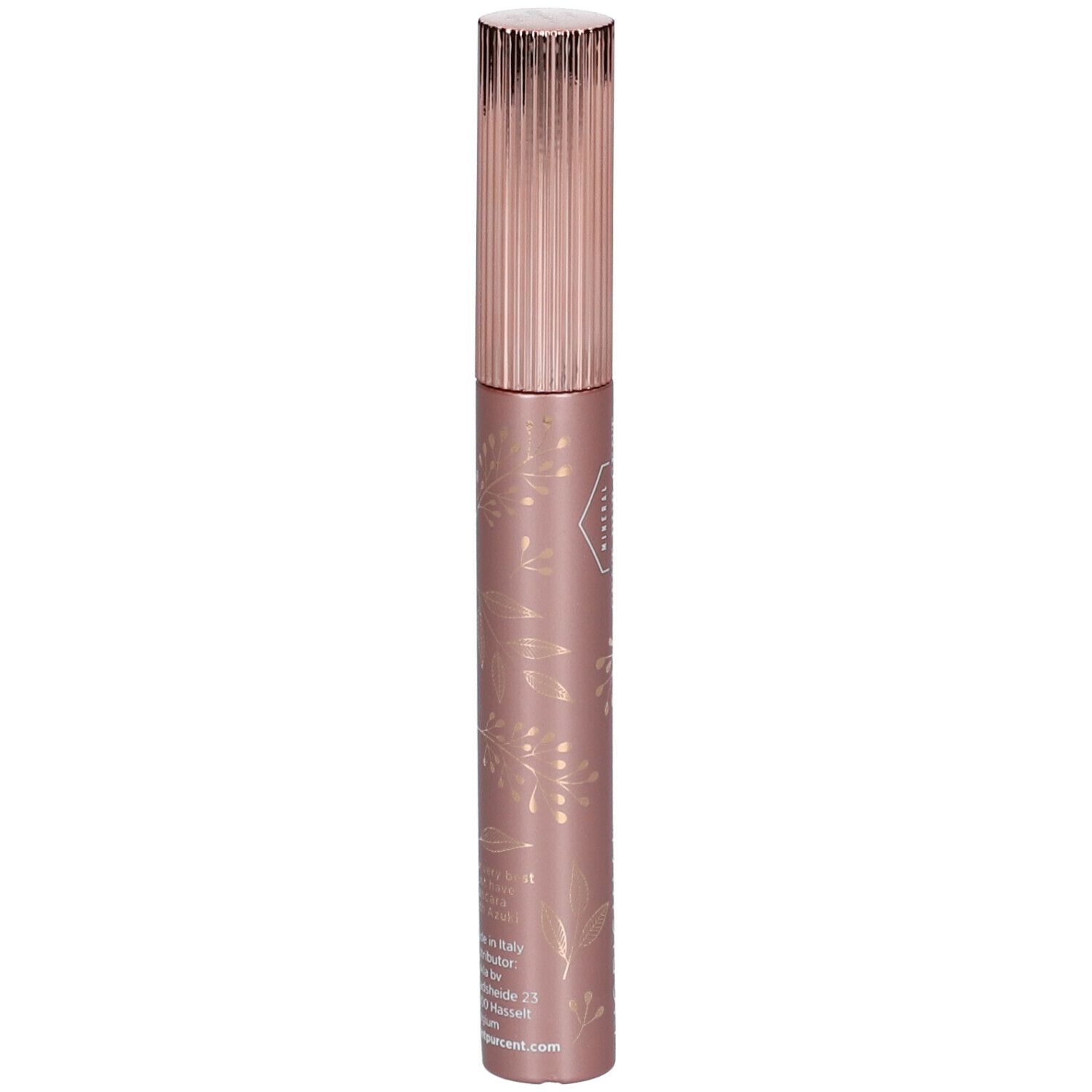 Tube de mascara rose avec bouchon cannelé. Inscription: CENT PUR CENT, L'ORIGINAL Mascara. Motifs floraux.